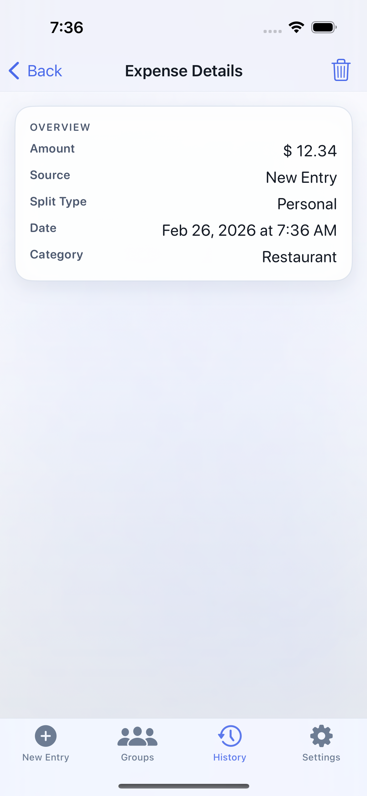 History detail screen